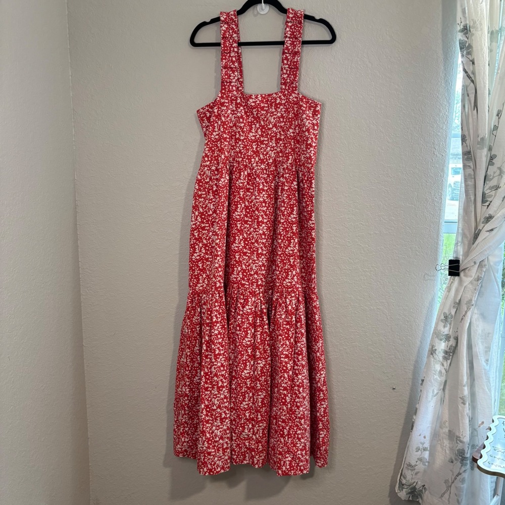 Mirth Handmade Edition Red Floral Cotton Tiered Maxi Dress L Sleeveless Ruffle